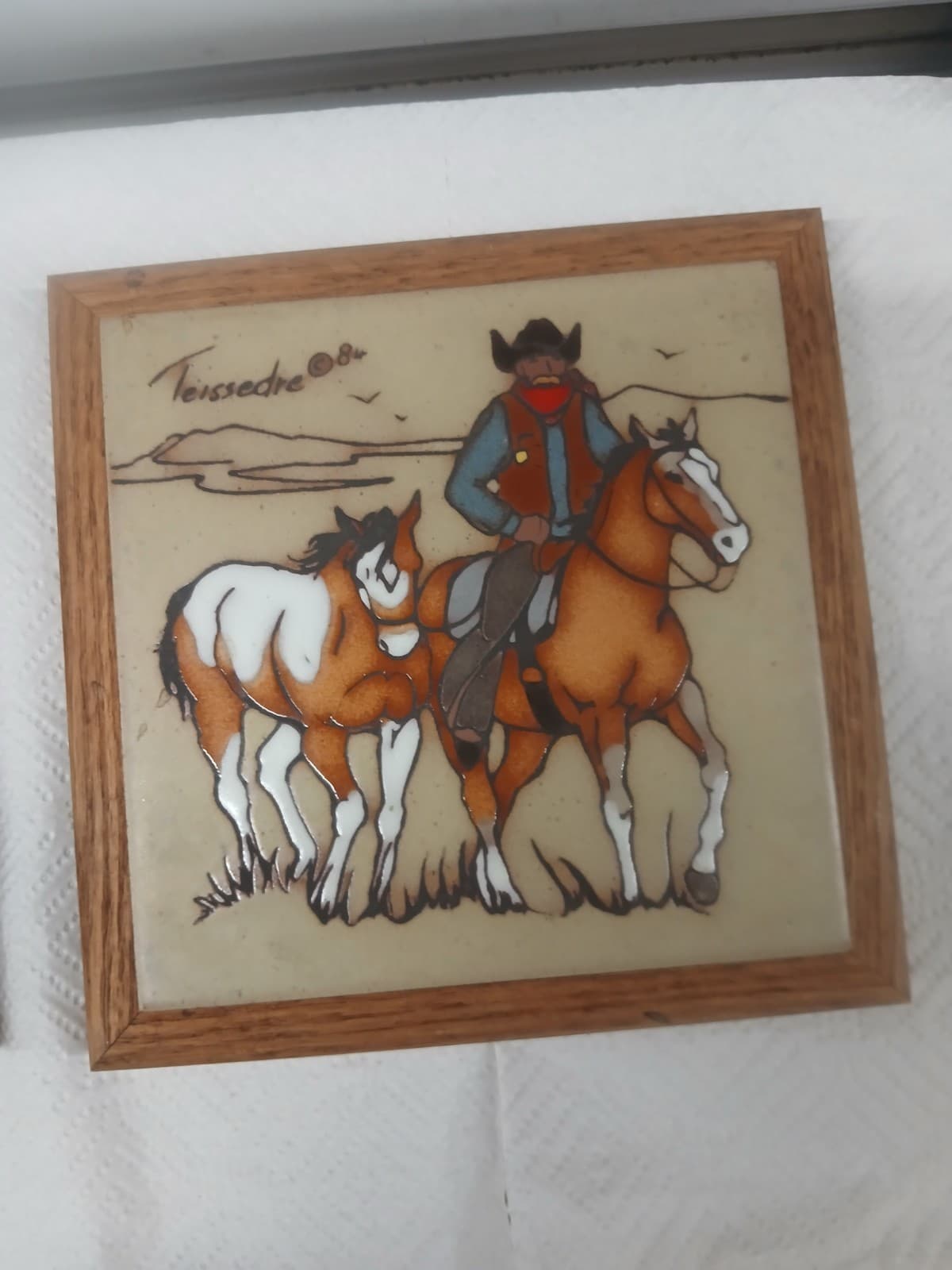 Pair Of Vintage Teissedre Tile Designs  Trivets Wall Art Horses Cowboys 7"×7" 4