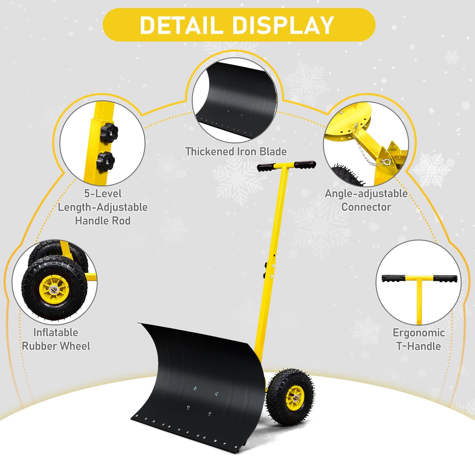 Heavy Duty Snow Shovel with Wheels Wheeled Snow Pusher Rolling Snow Removal Tool 3