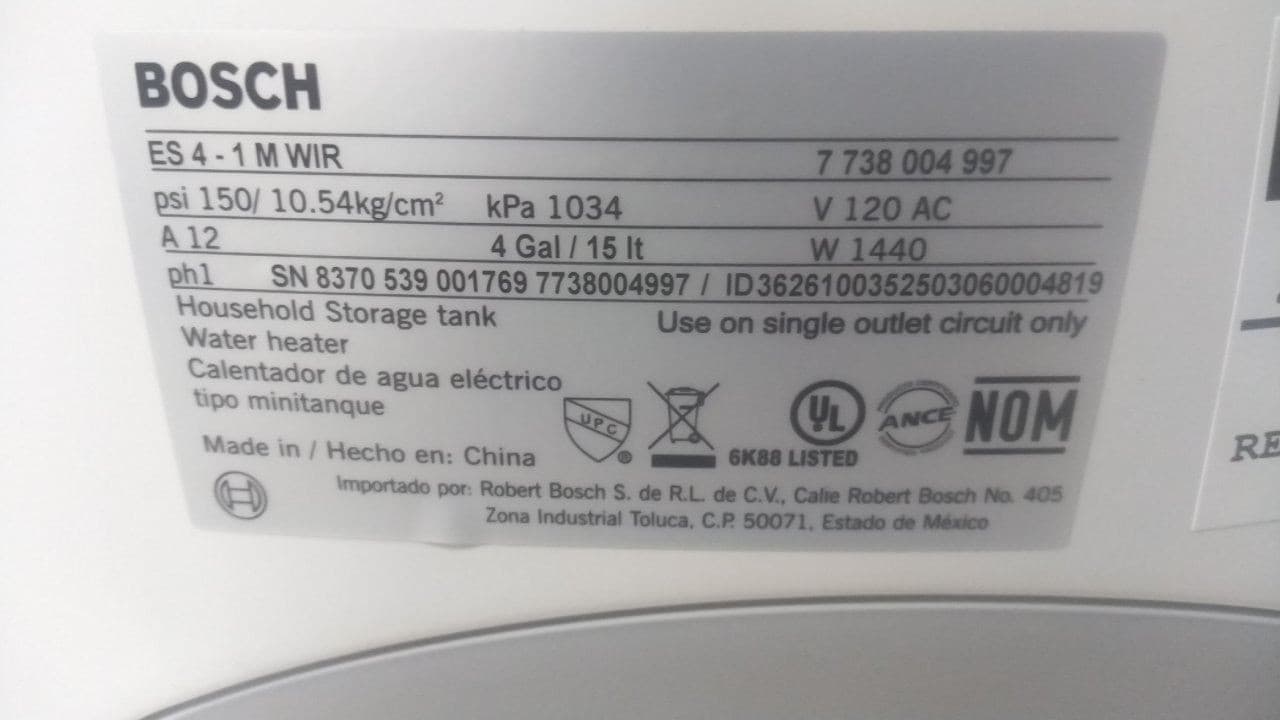 Bosch ES4 4 Gal Tank Capacity 120VAC 1440W Point-of-Use Water Heater 2