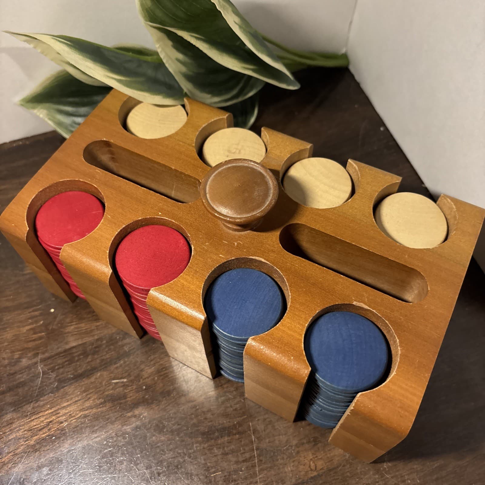 Vintage Wooden  Poker Chips And Caddy with top Cover 2