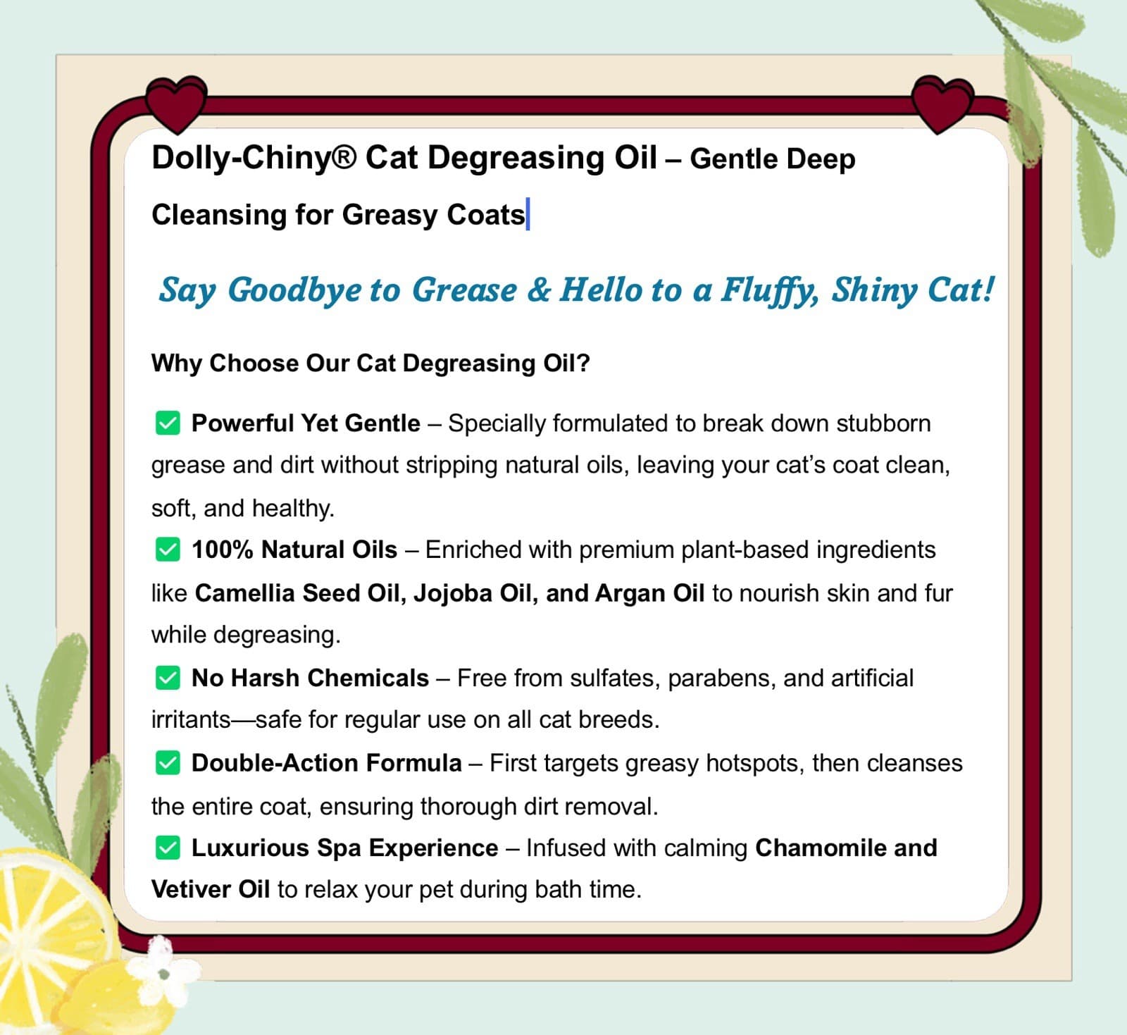 Dolly-Chiny® Cat Degreasing Oil– Natural Grease Remover for Cats, 390ml 6