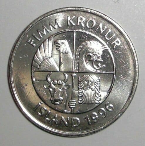 1996 Iceland 5 kronur Coin Dolphins Fish Animal Wildlife 2