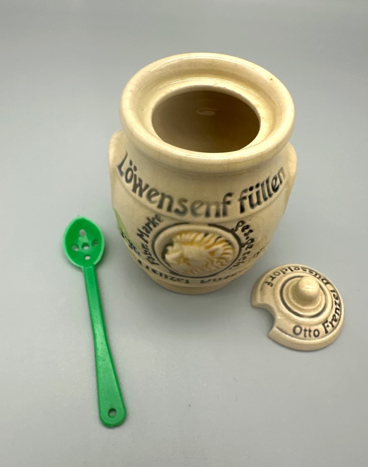 Vintage Germany Mustard Pot Frenzel Düsseldorf Löwensenf Stoneware W/Lid Spoon 2