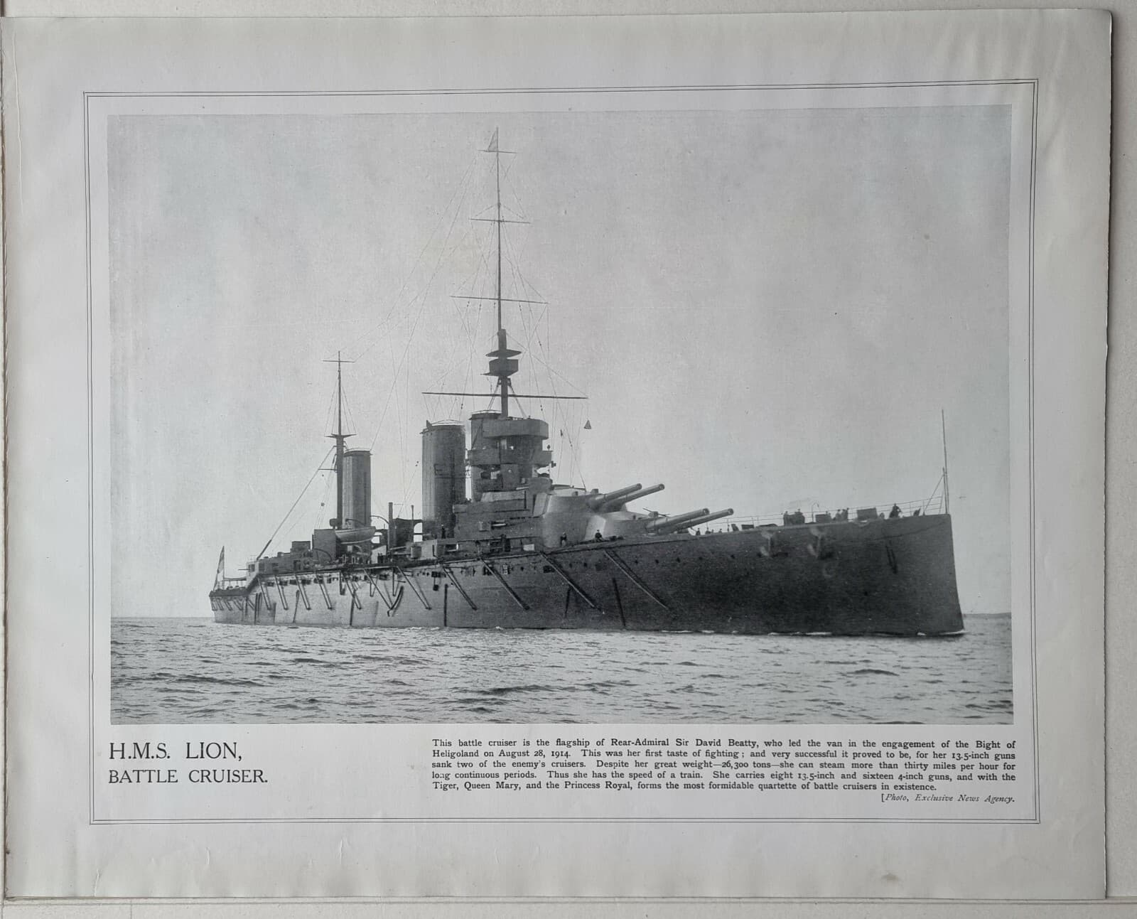 1915 WW1 PRINT & TEXT H.M.S LION BATTLE CRUISER FLAGSHIP SIR DAVID BEATTY