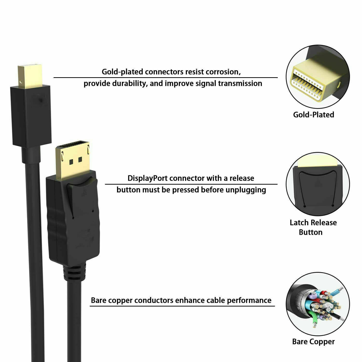 Mini DisplayPort to DisplayPort Cable Mini DP to DP Adapter HD Video 2K 4K 60Hz 3