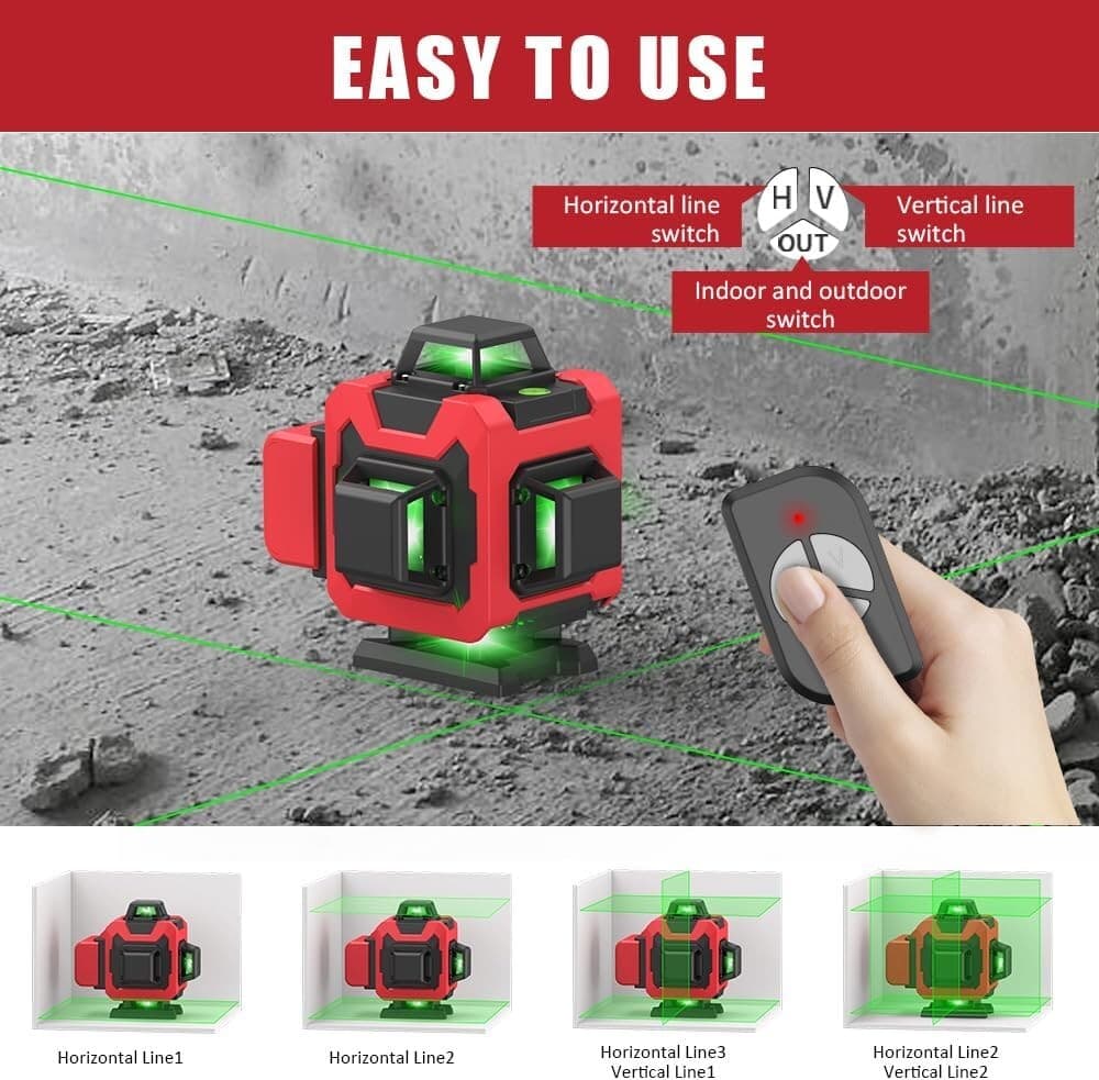 Green Laser Level,4D 16 Lines, 360 Self Leveling w/ Magnetic Bracket,2 Batteries 3