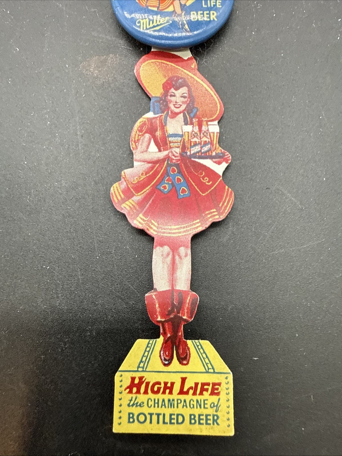 Vintage 1930’s Miller High Life Beer Pinback Button, Celluloid Hanger, Near Mint 3