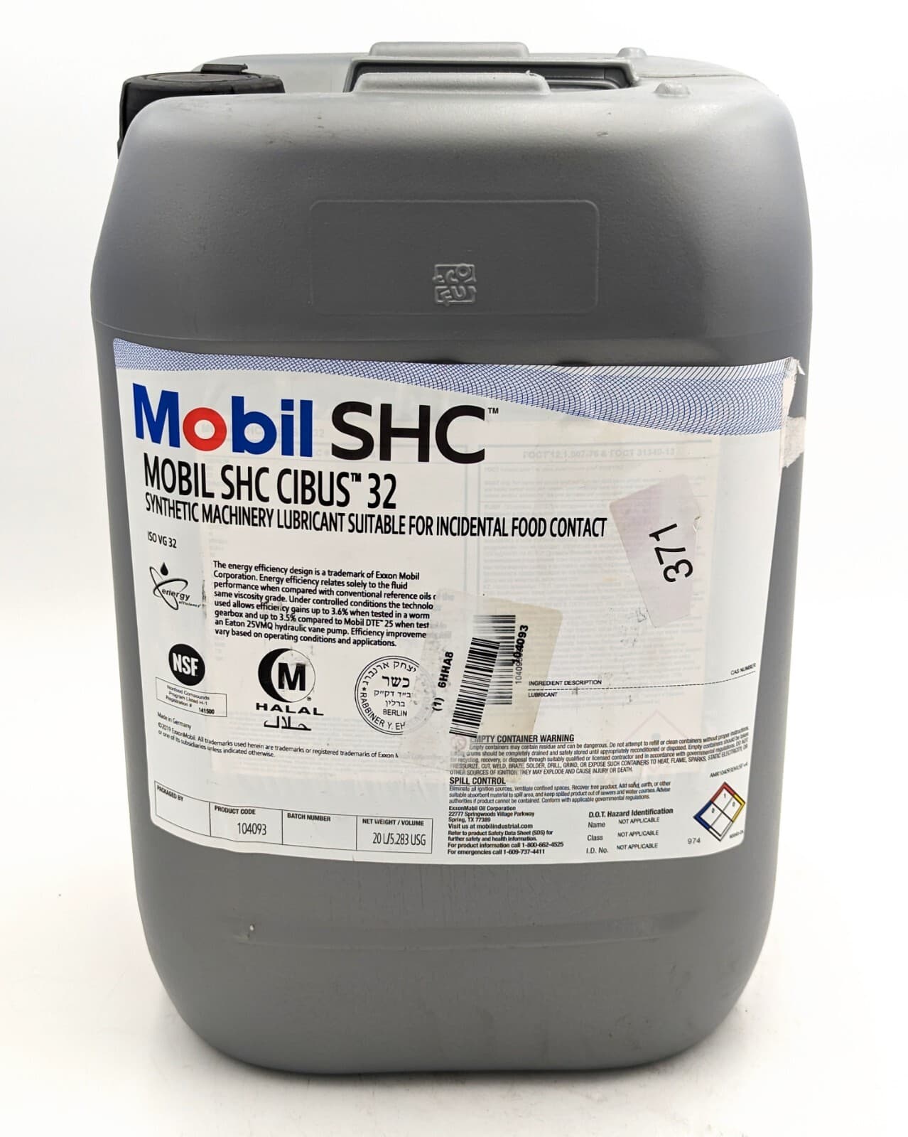 Mobil 104093 SHC Cibus 32 NSF H1 Hydraulic Oil, 5 Gal., 32 ISO Viscosity, 10 SAE 2