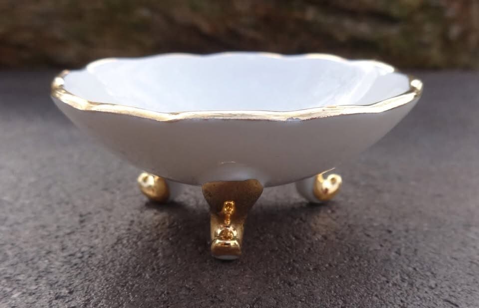 Footed Limoges Porcelain Open Salt Dip, Cellar, Dish w/Figures, Gold! 3