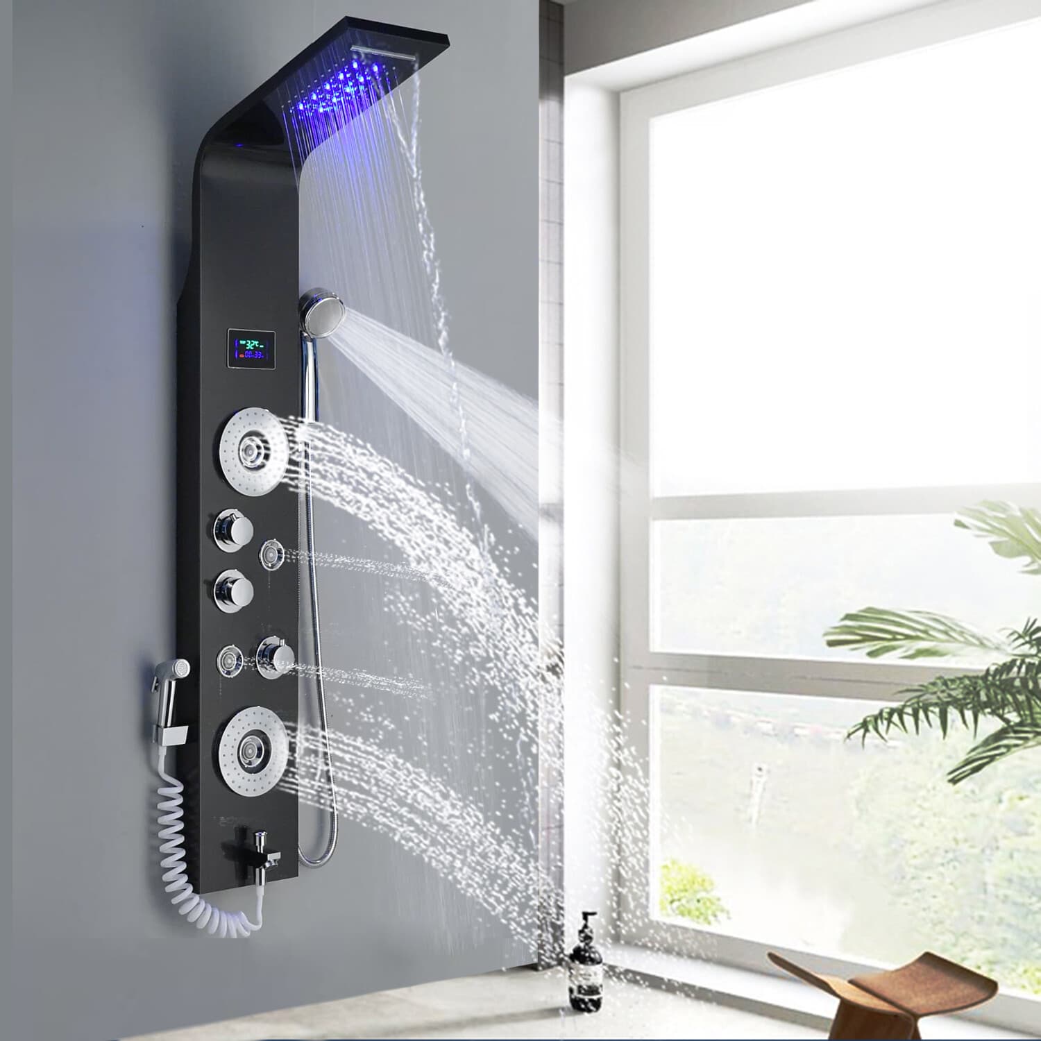 Stainless Steel LED Rain&Waterfall Shower Panel Tower System Massage Body Jets