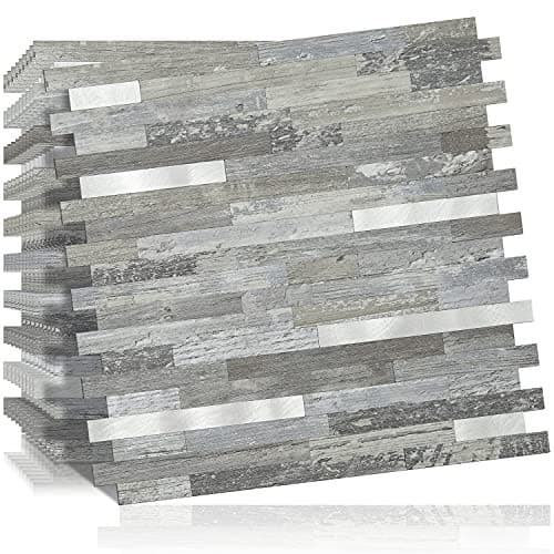 -Sheet Peel and Stick Backsplash Wall 10 Distressed Wood with Metal Silver 2