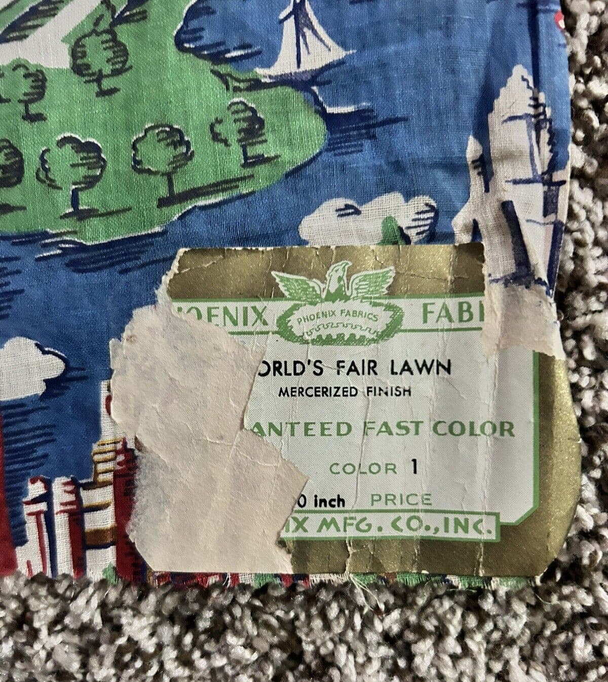 Rare 1939 Worlds Fair Cotton Fabric Yardage Aria view Of  Fairgrounds 39"Wx 35"L 2
