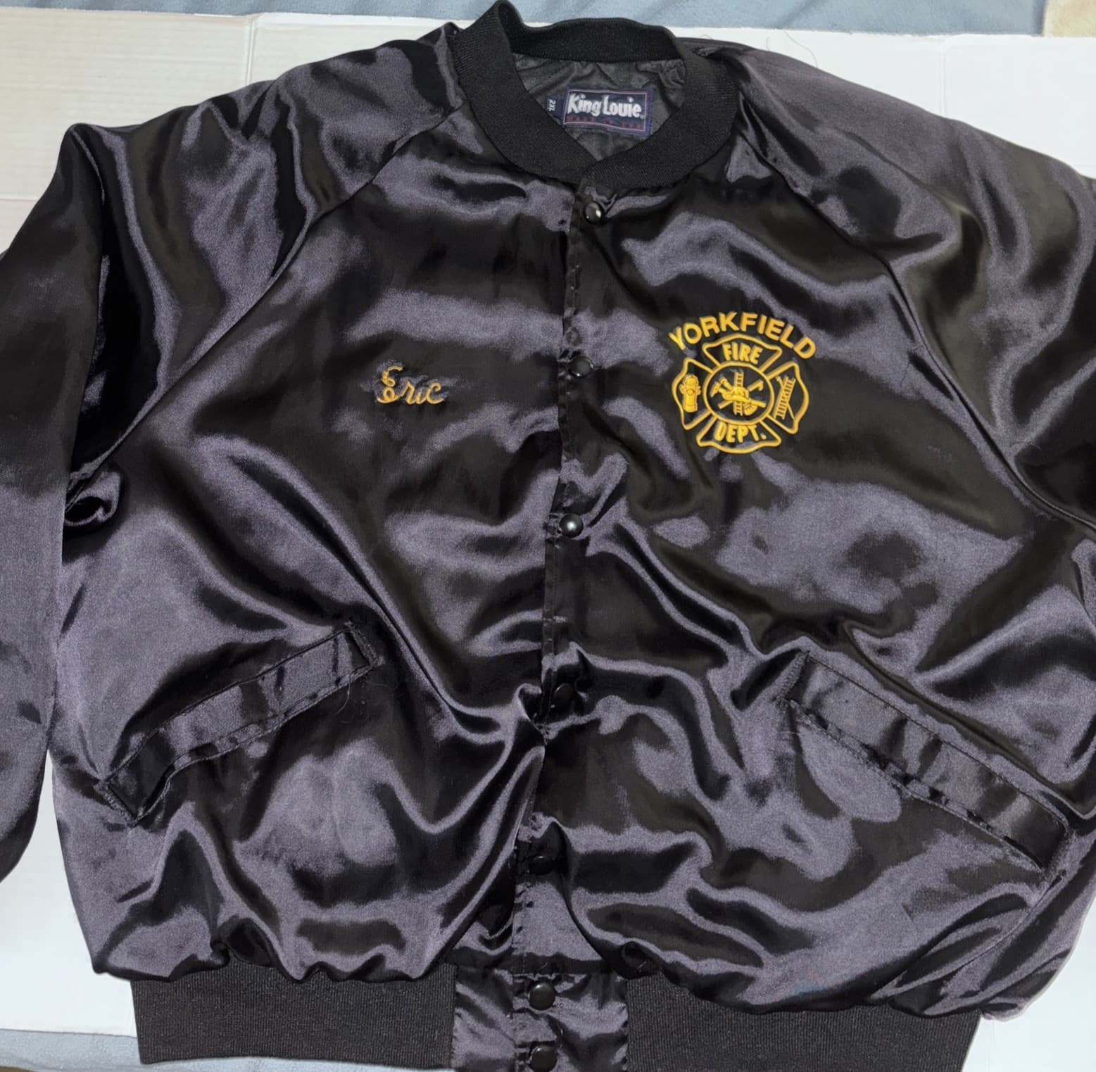 VTG Fire Dept Jacket Satin Bomber Yorkville Chicago Size XL Engine King Louie 3