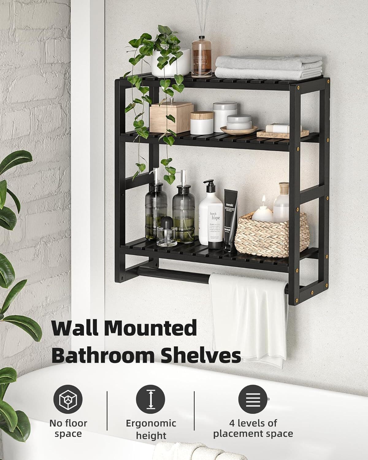 Over Toilet 3-Tier Floating Shelf with Towel Bar, Bamboo, Black 3