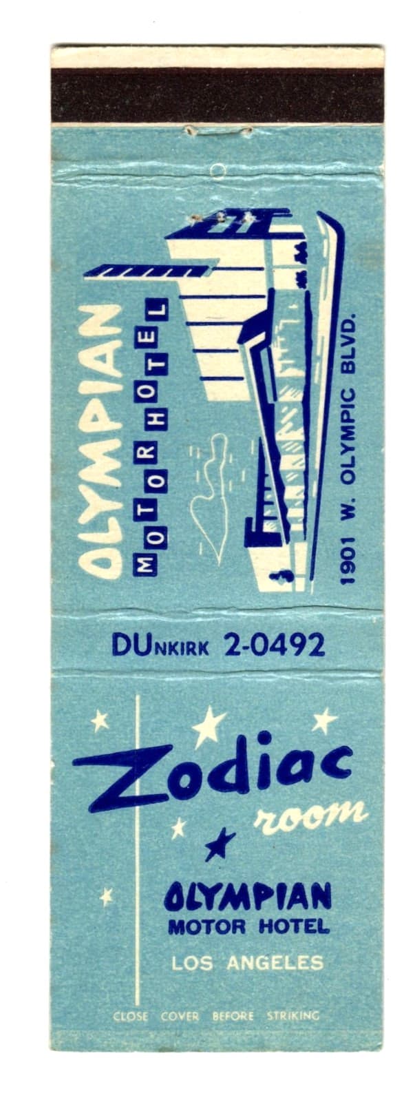 ZODIAC ROOM matchbook matchcover - OLYMPIAN HOTEL - LOS ANGELES, CALIFORNIA