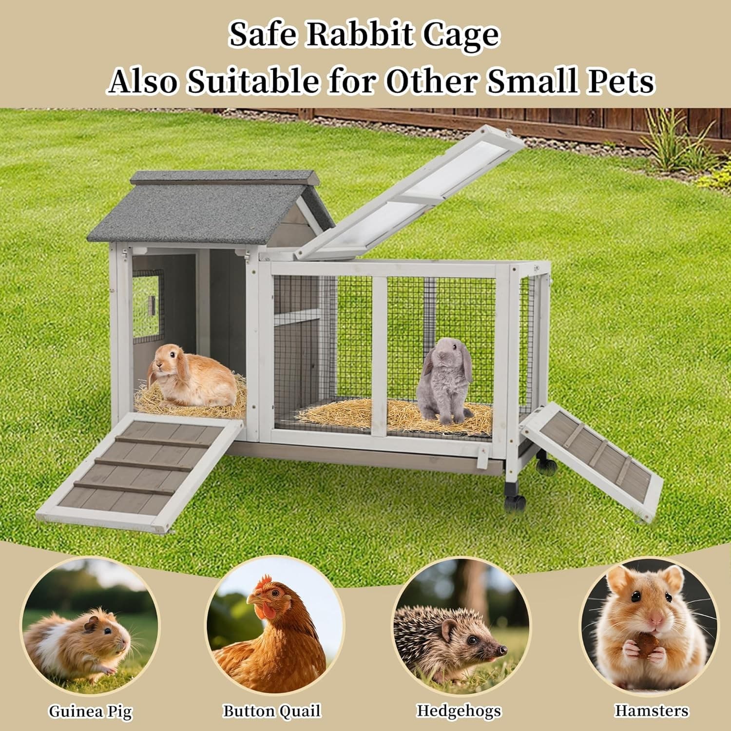 Petscosset 2 Story Outdoor Rabbit Hutch Wooden Bunny Cage Indoor House,Grey 6