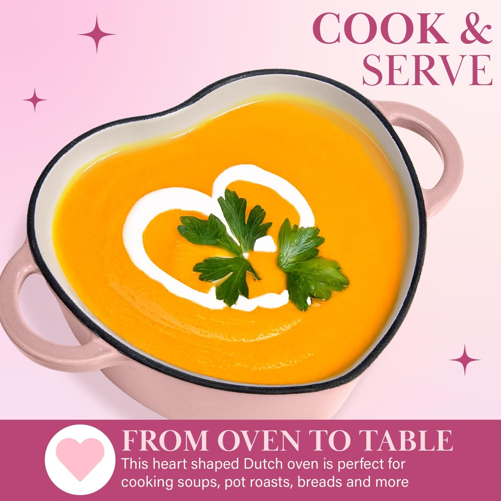 Enameled Cast Iron Dutch Oven Heart-Shaped Pot with Lid, Dual Handles, Works ... 2