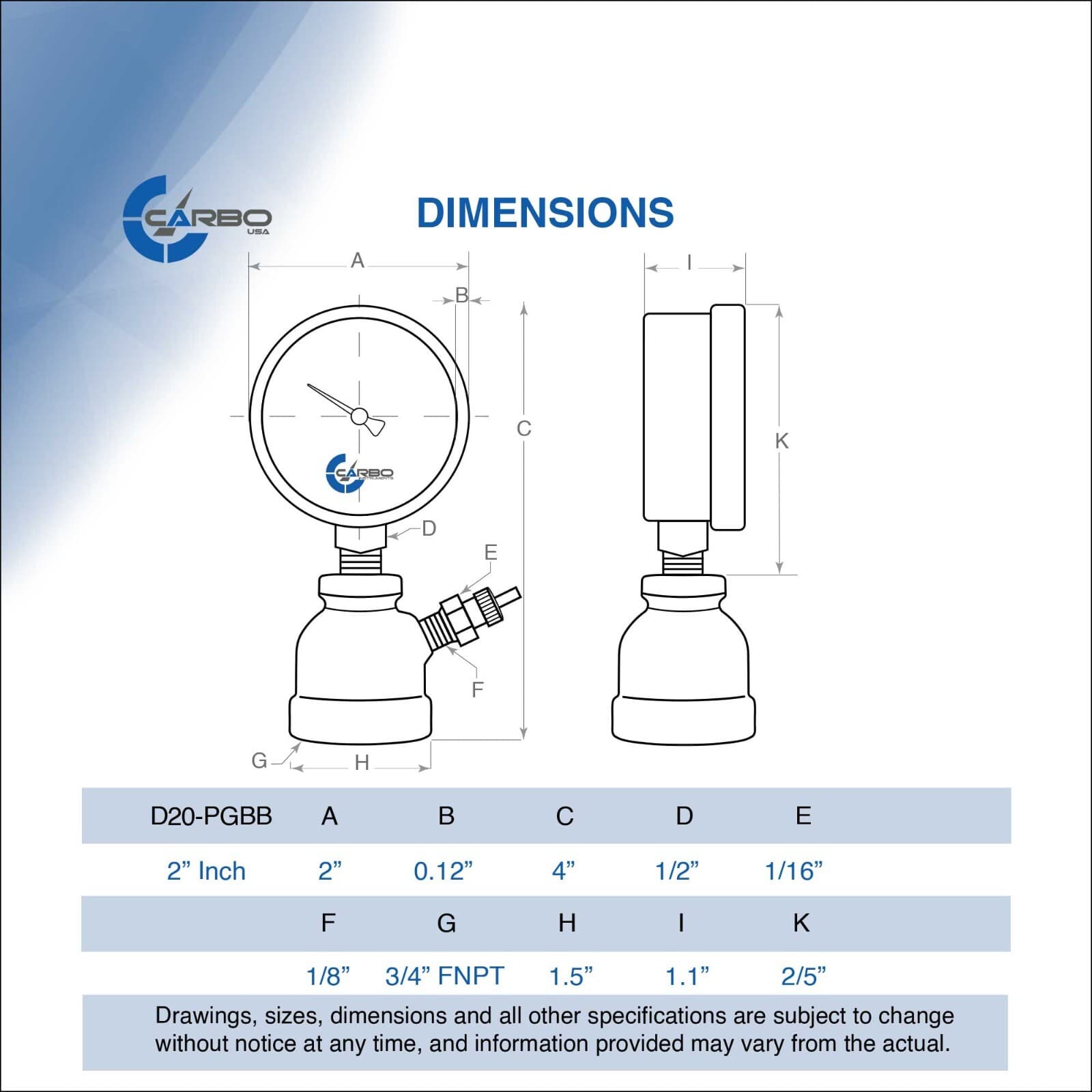 Gas Test Pressure Gauge 60 Pound, 60 PSI/400 kPa 3/4” FNPT Steel Bell Shape Body 6