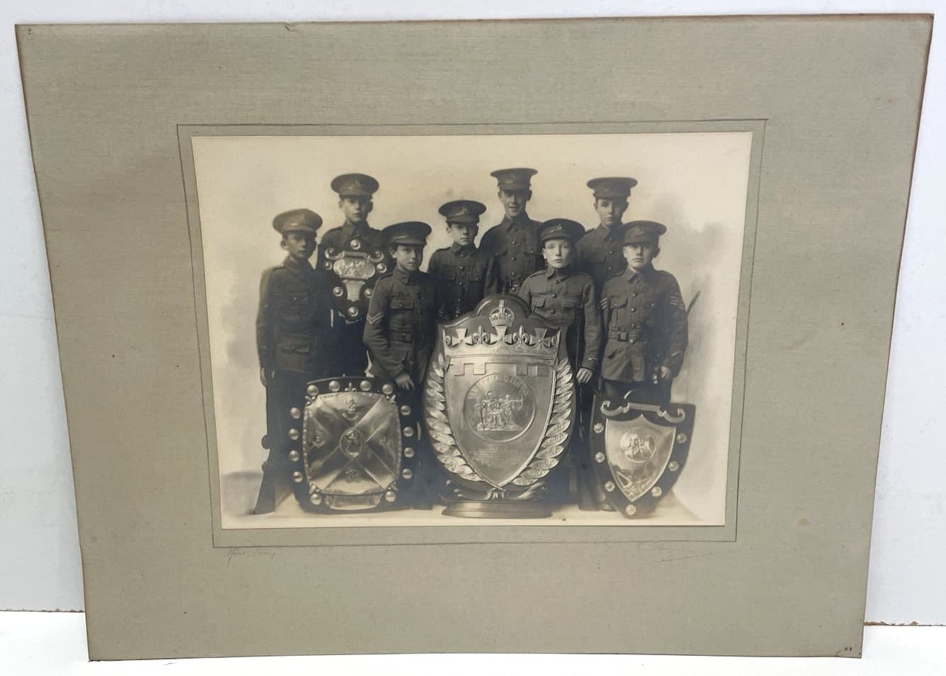 WW1 British Army Cadet Soldiers Photo With “For King And Country” Trophy Shields 2