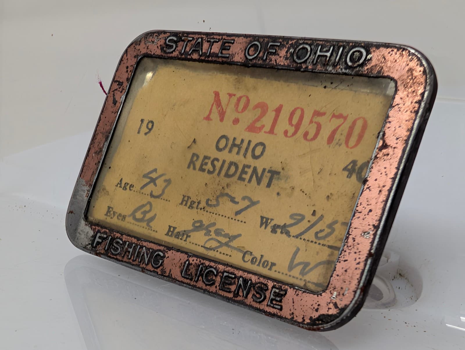 1940 State of OHIO Resident Fishing License Pin-Back Metal Frame Badge 2