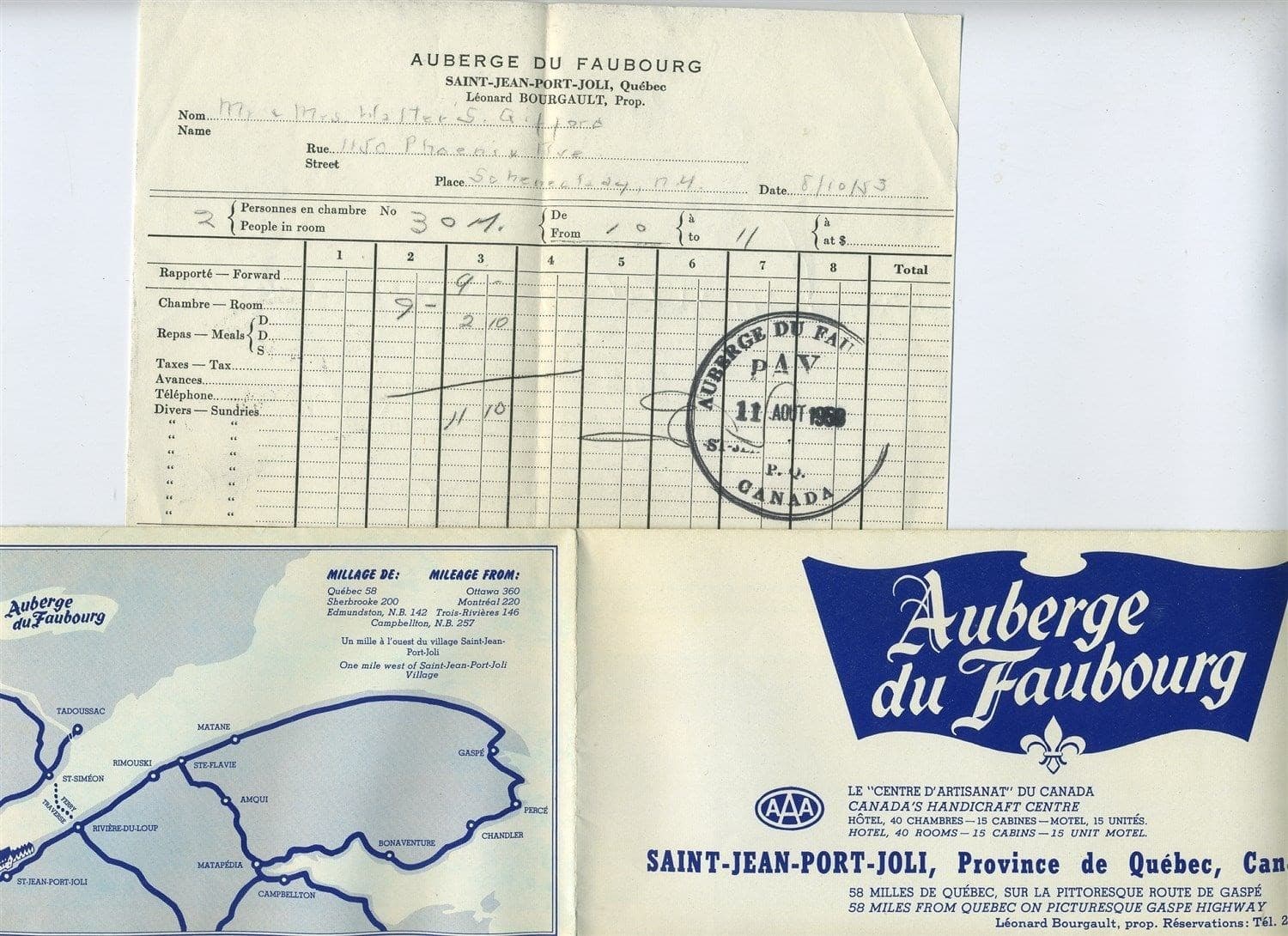 Auberge du Faubourg Brochure & Receipt Saint Jean Port Joli Quebec Canada 1953