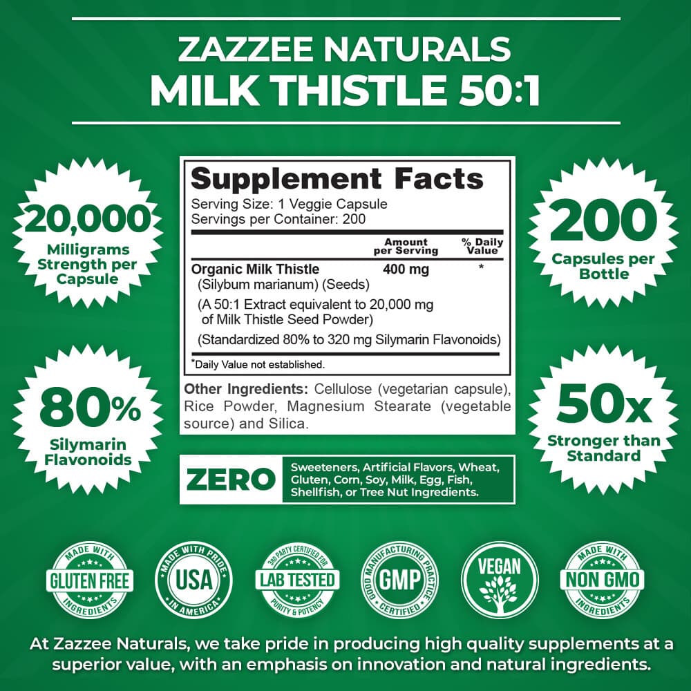 Zazzee Organic Milk Thistle Extract 20,000 mg Strength, 200 Vegan Capsules 2