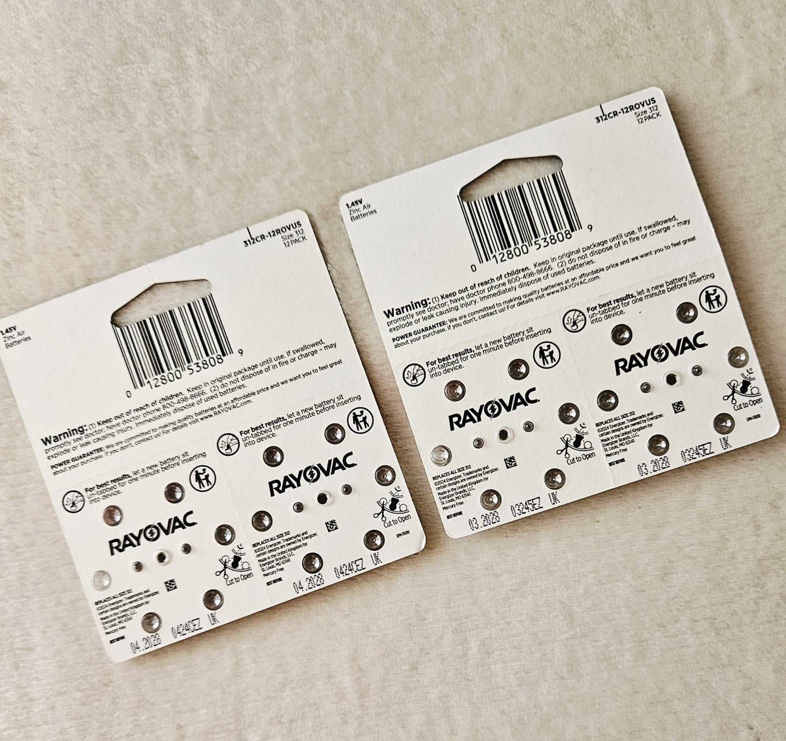 24 Rayovac Sz 312 Hearing Aid Batteries Two 12-Packs | Zinc Air 1.45V | Exp 2028 2