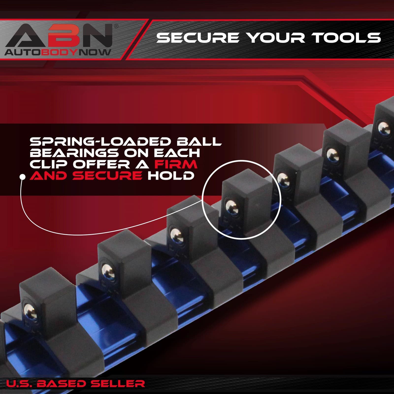 ABN Blue Aluminum SAE 3/8" Inch Drive Socket Holder Rail & Clips Tool Organizer 4