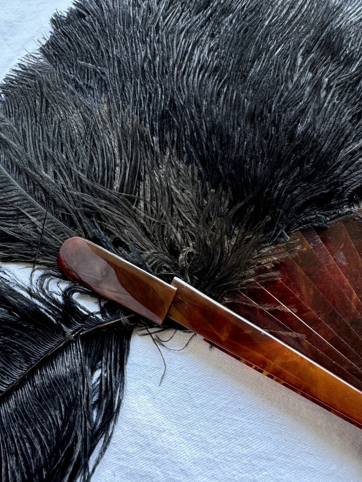 Edwardian Antique Ostrich Feather Mourning Hand Fan with Faux Tortoiseshell 4