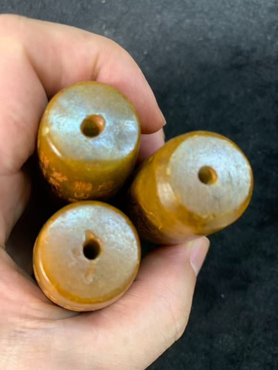 3Pcs Large Chinese Old Jade Hand Carved *Buddhist Scriptures/KwanYin* Cong Beads 5