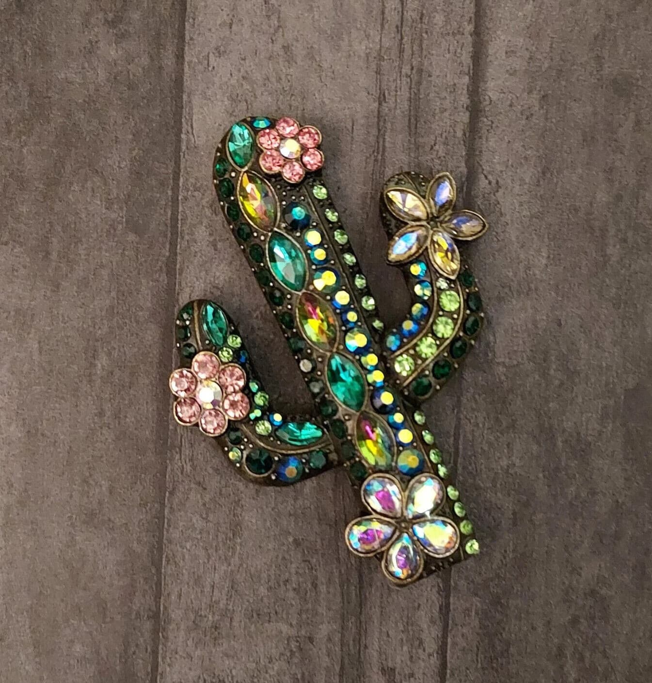 Magnetic jeweled Cactus Brooch set in antique gold tone alloy.  Western brooch 3