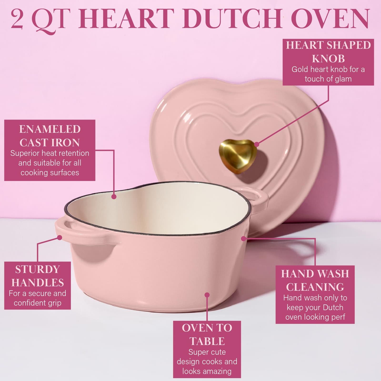 Enameled Cast Iron Dutch Oven Heart-Shaped Pot with Lid, Dual Handles, Works ... 5