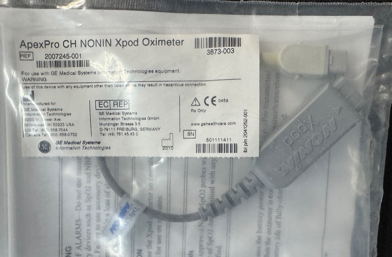 ApexPro CH Nonin Xpod Oximeter Ref# 2007245-001 GE CH Telemetry SPO2 Cable NEW 3