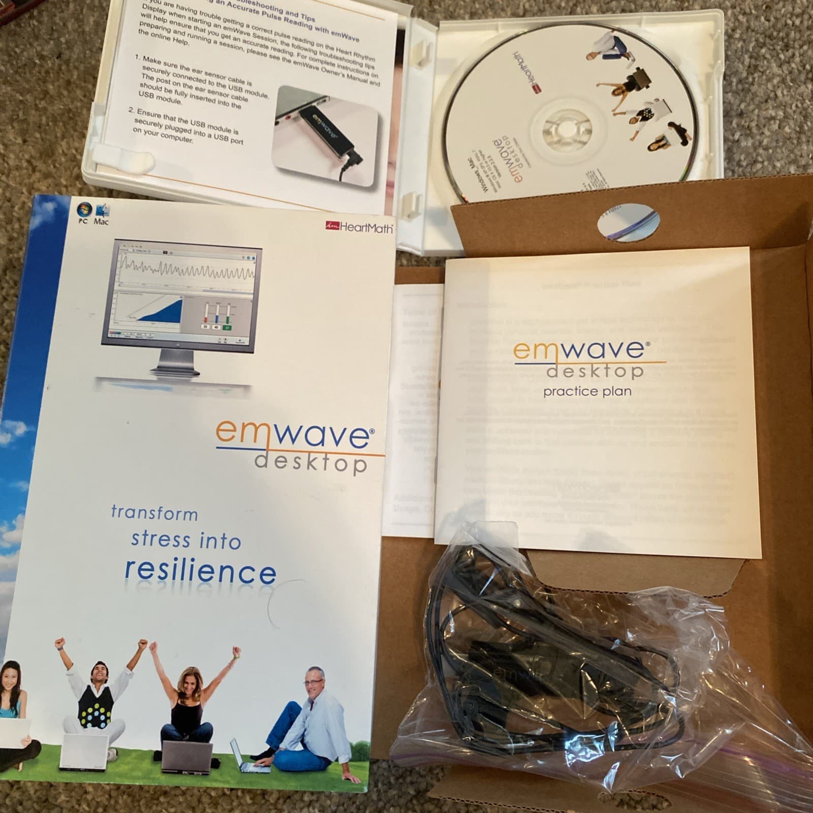 HeartMath emWave Desktop Hardware/Software (PC/Mac) System Pulse Sensor ~ Nice