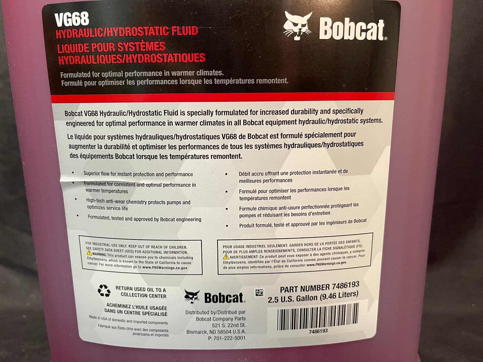 Bobcat Hydraulic Oil Hydrostatic WARM CLIMATE Fluid 5 Gallon (2x2.5) SkidSteer 2