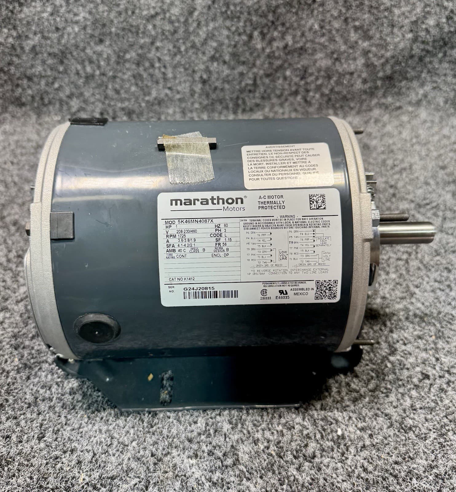 Marathon 5K46MN4087 Belt Drive HVAC Motor 208-230/460V, 1 HP, 1725rpm, 3 Phase 2