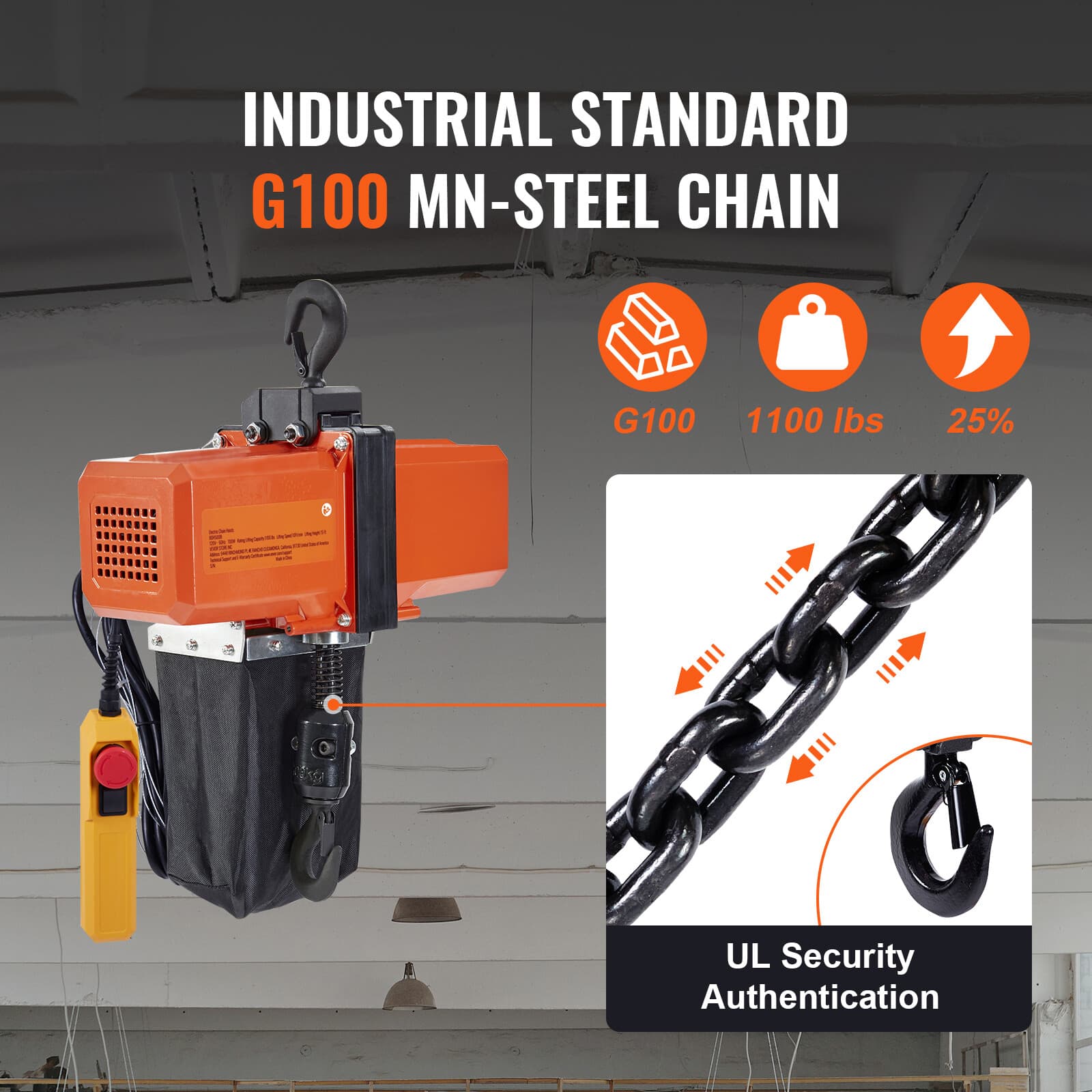 Electric Chain Hoist G100 Single Phase Crane Hoist 1100 lbs Load 15 ft Lifting 3