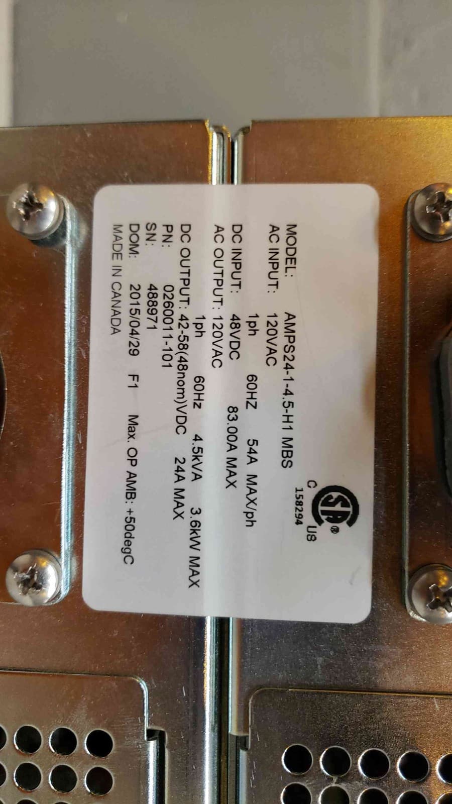 Alpha Technologies Rack Mount AC Rectifier INVERTER AMPS24-1-4.5-H1 MBS(Q17016) 5