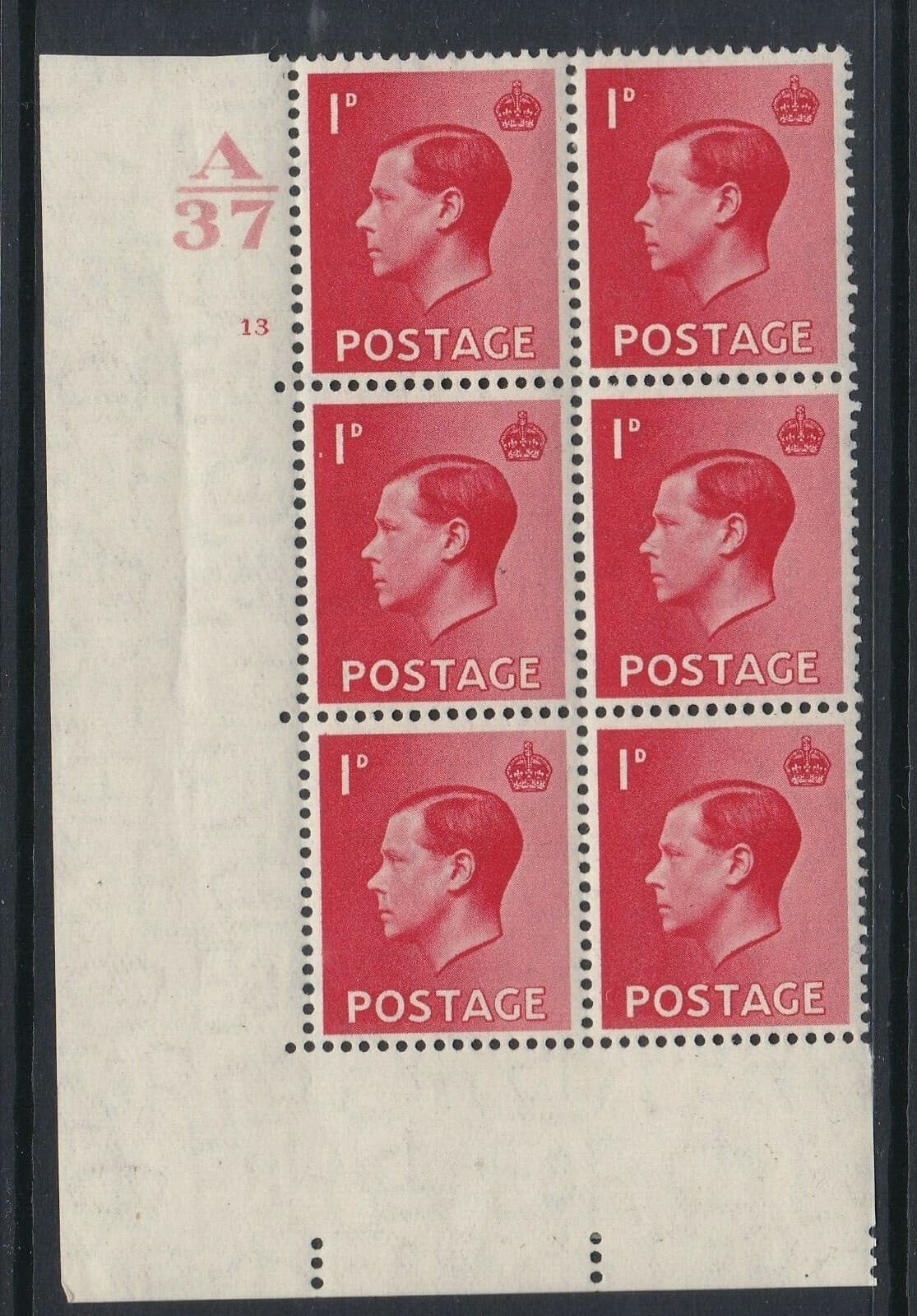 1936/37 EDVIII CONTROL BLOCK of 6 A37 Cyl 13 NO DOT MOUNTED MINT SG458