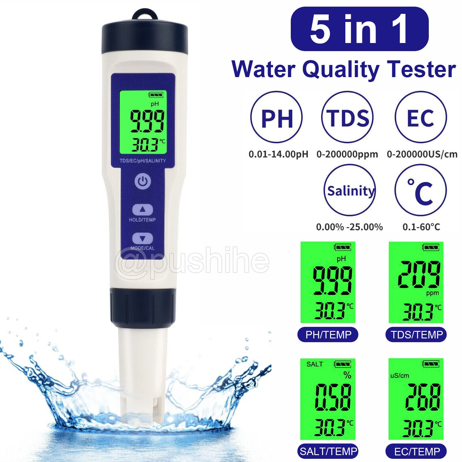 5 In 1 Digital PH/TDS/EC/Salinity/Temperature Water Quality Tester Meter Tool US