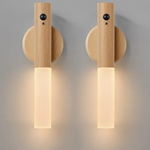  Wall Sconces Set of Two Battery Operated, White Ash Wood Black Sensor-2PCS 2