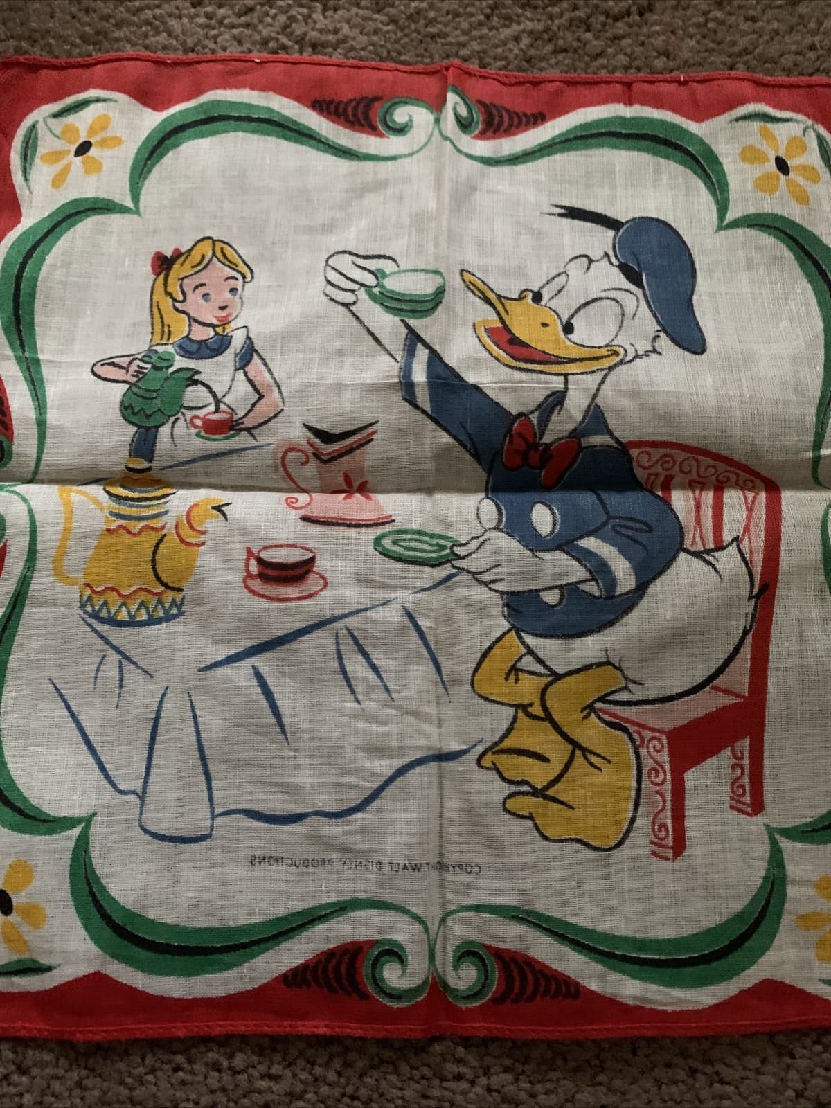 Vintage Walt Disney Handkerchief Donald Duck Alice Tea Party  5