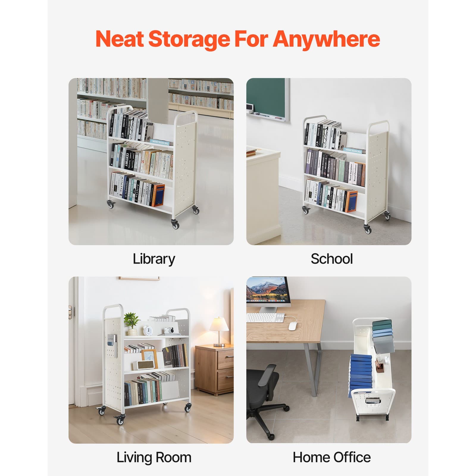 3-Tier Rolling Book Cart Double Sided W-Shaped Shelves Book Truck in White 6