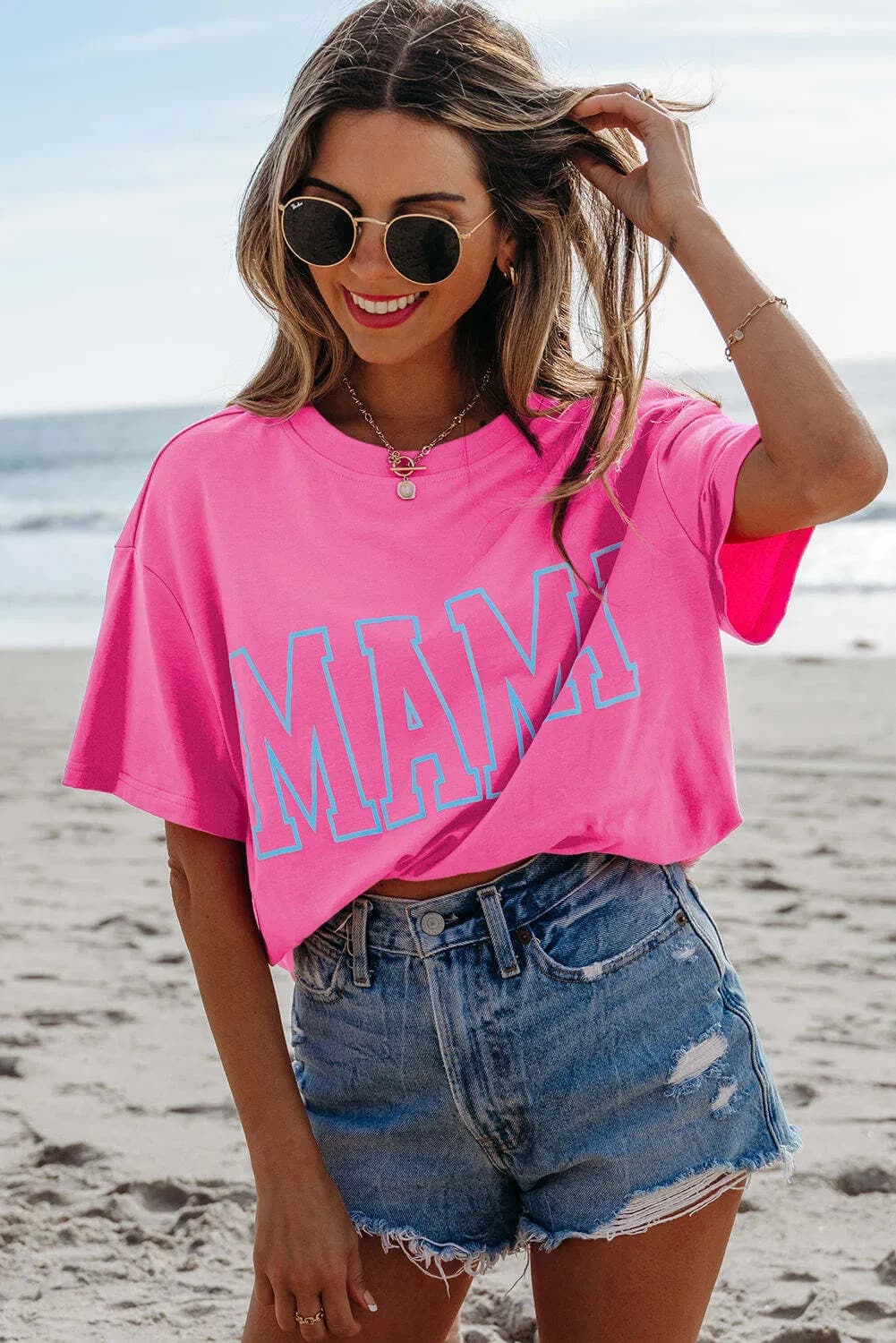 Bright Pink MAMA Letter Graphic Neon T Shirt 3