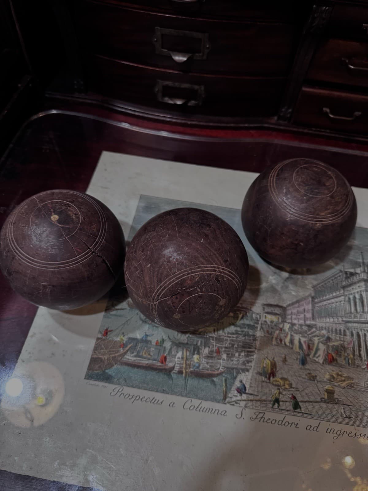 Antique English WOOD LAWN BALLS Set Of 3 DECOR 3
