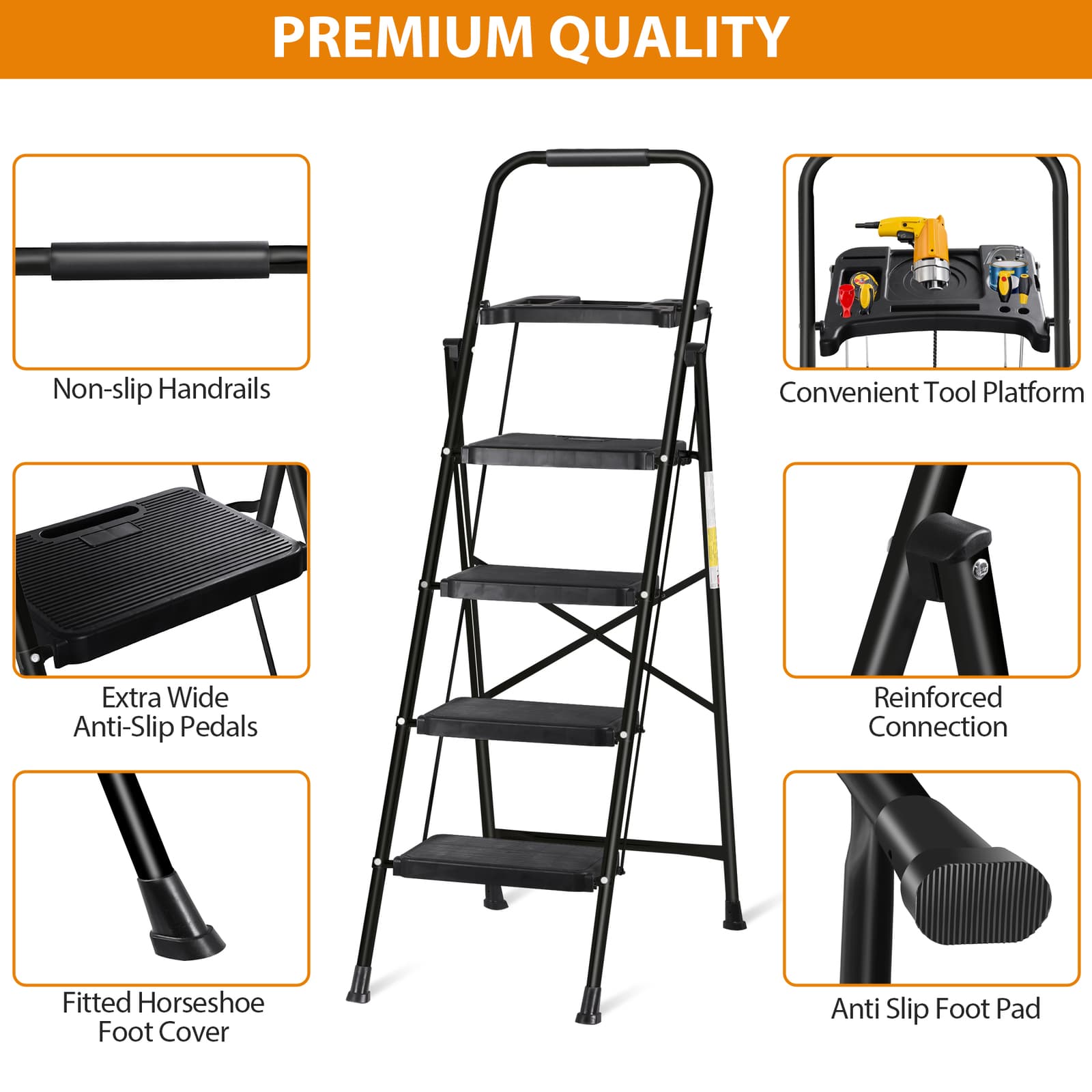 Lightweight 3/4/5 Step Ladder Folding Step Stool with Tool Tray Anti-Slip Pedal  6