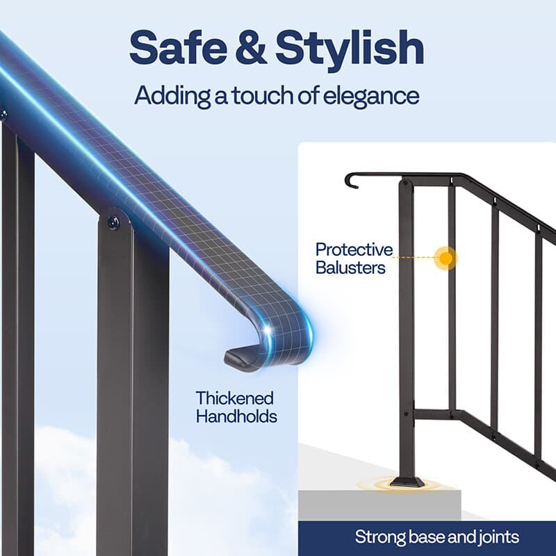 2-Pack 6 Step Hand Rails for Outdoor Steps Wrought Iron Railing for Porch Deck 4