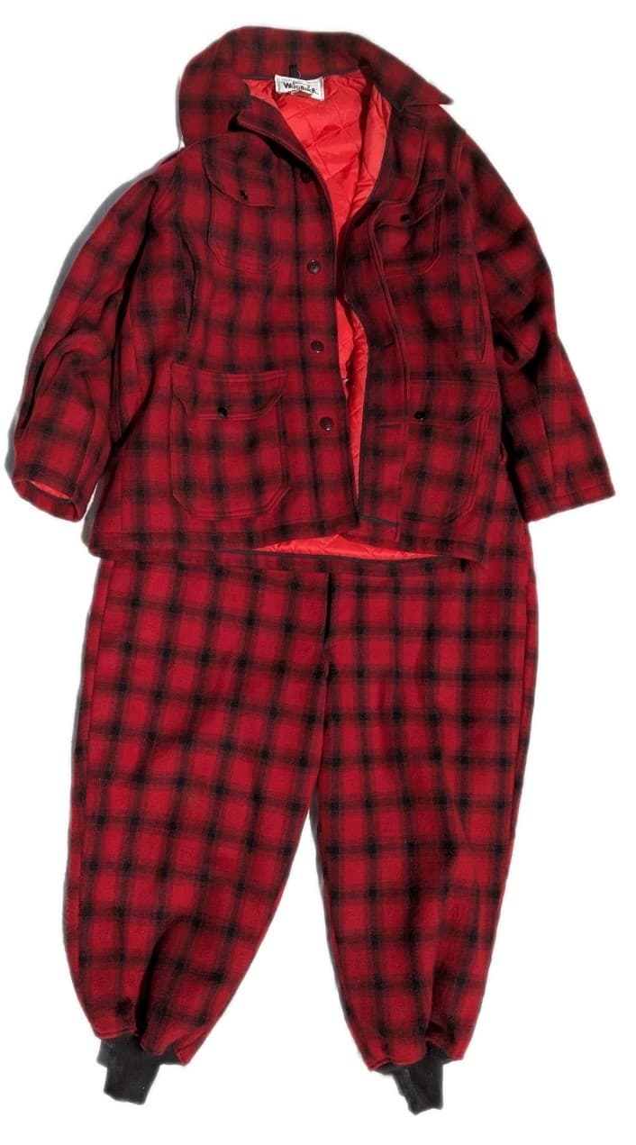 VTG Woolrich Wool Suit 2 Pc Set Red Black Plaid Hunting Coat Jacket44/Pants40 36
