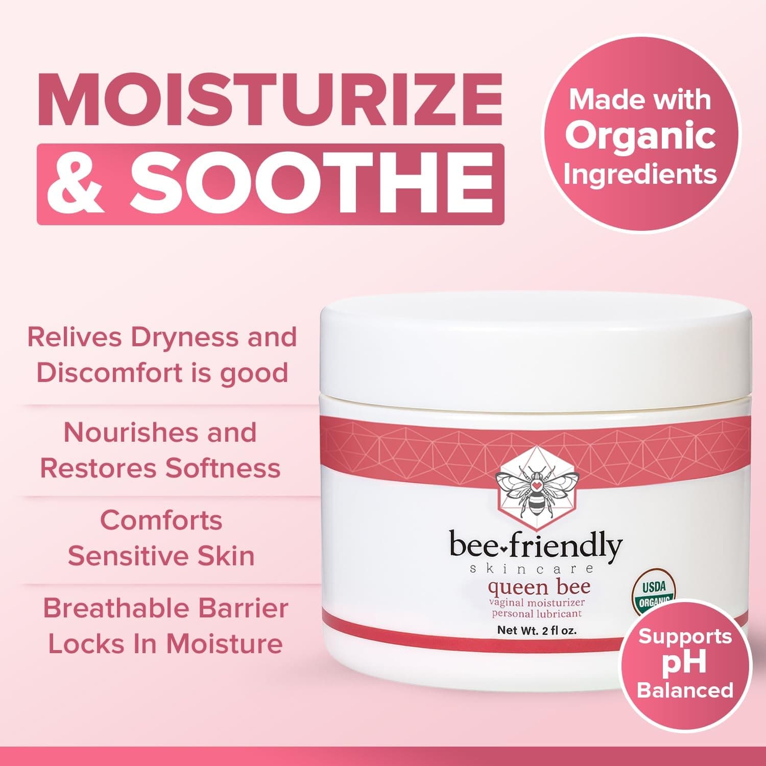 BeeFriendly Organic Vaginal Moisturizer 2oz USDA Certified Natural Cream 3