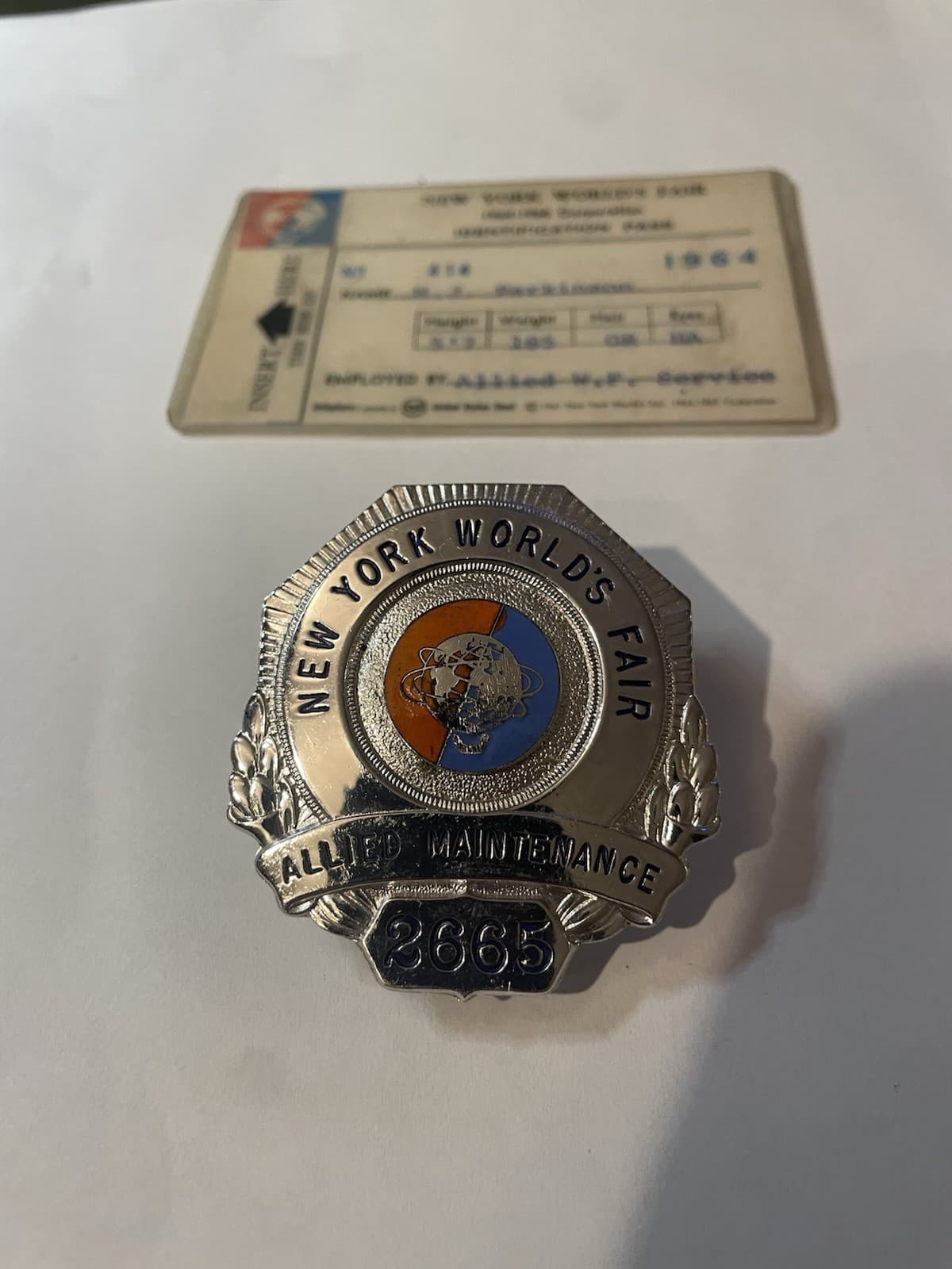 1964/65 New York Worlds Fair Allied Maintenance Badge w/ Ident Card 2